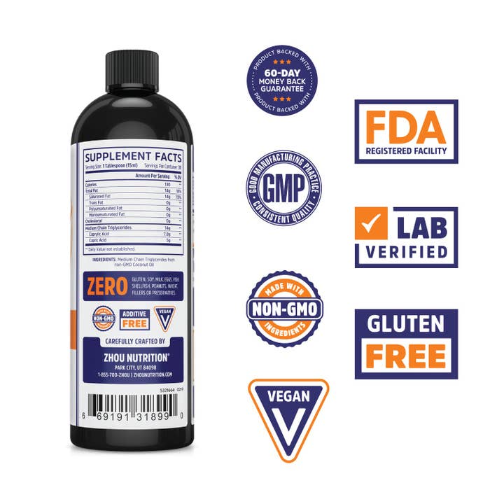 Zhou Nutrition - Wholesale Cooking Oil - MCT Oil, Unflavored 16oz1