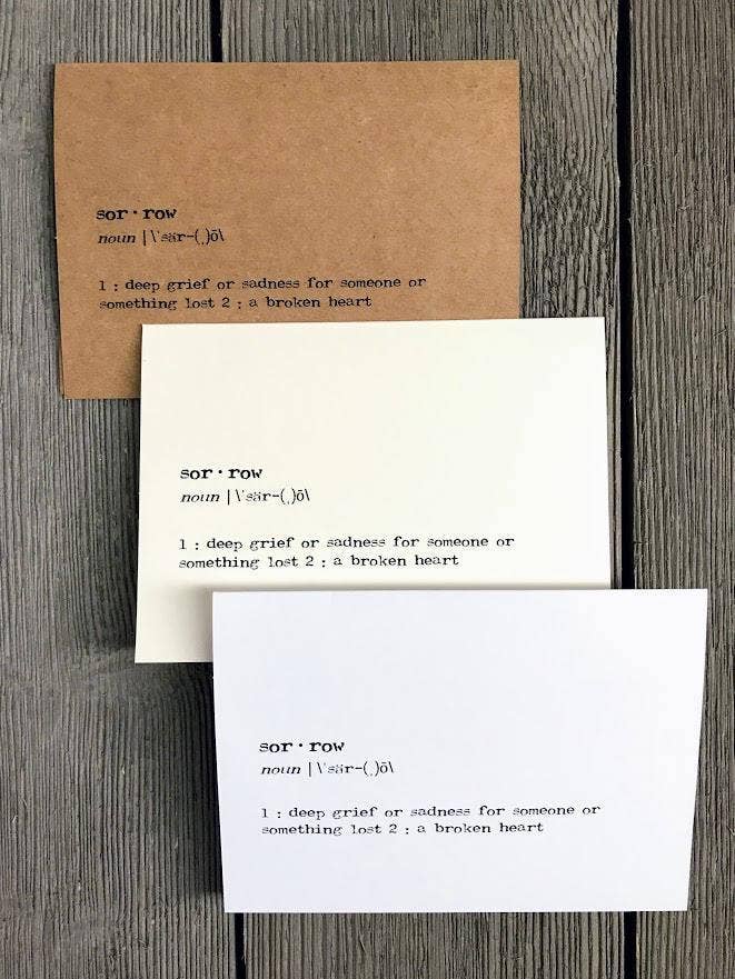 Alison Rose Vintage – wholesale Sympathy card – sorrow definition sympathy greeting card in typewriter font2