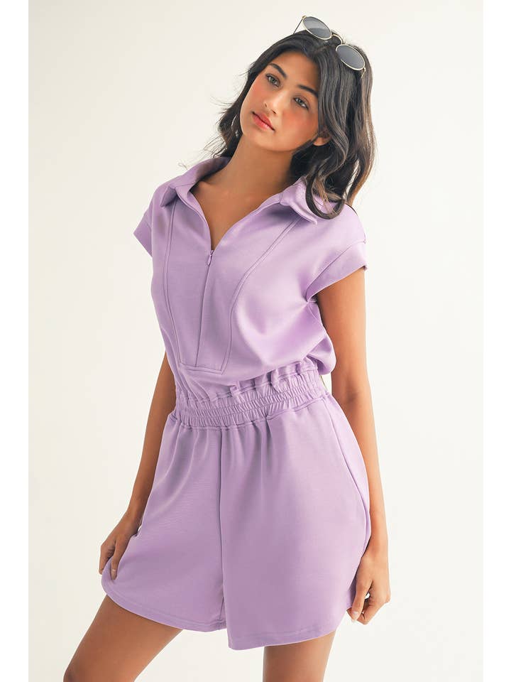 Orchid Bouquet LDC Zipper Collared Elastic High Waist Romper for wholesale on Faire