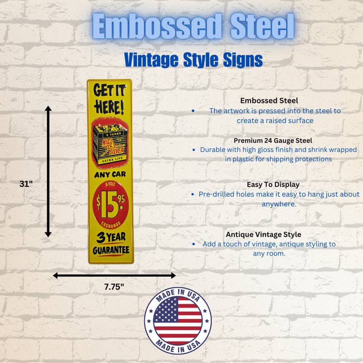 Vintage Style Steel Sign Batteries Get It Here for wholesale by The Vintage Retro Sign Company