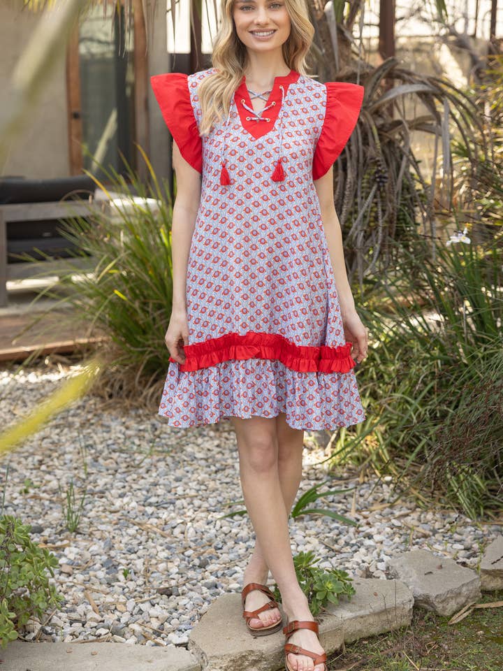 34988 Abstract Print with Solid Self Tie Cross Knot Dress for wholesale by VOY