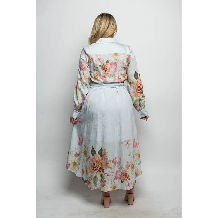 Curve Market - Wholesale Dress - Women's - PLUS SIZE TENCEL LINEN BLEND FLORAL COLLARED FLARE MAXI SHIR3