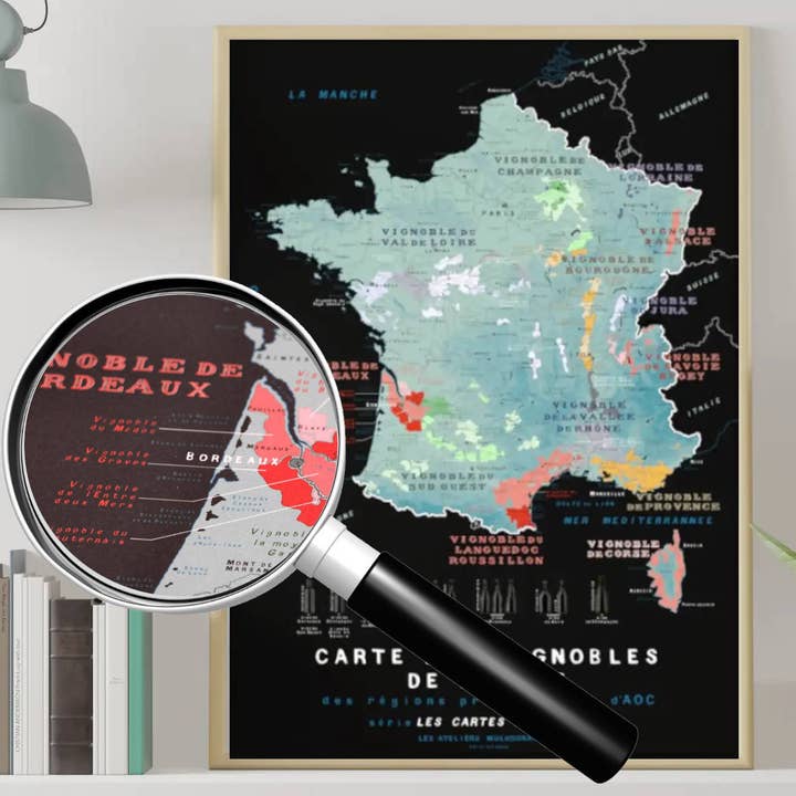 Mapa de viñedos franceses - póster 50x70 cm para venta al por mayor de LES ATELIERS MULKOGRAPHIQUES