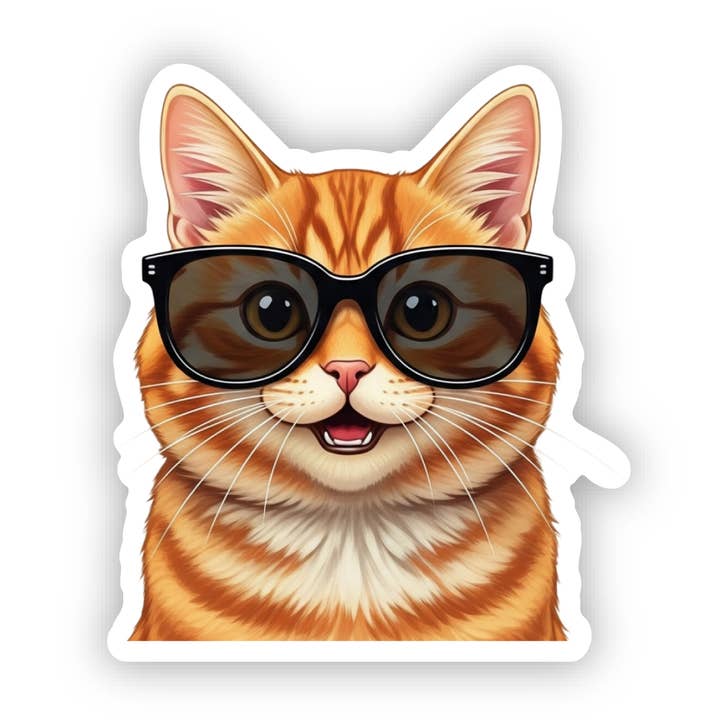 Cool sunglasses orange cat artist design AI vinyl sticker for wholesale by Happy Sploot Designs