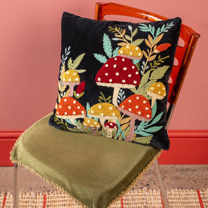 Ian Snow Ltd - Wholesale Chair Cushion - Black Embroidered Toadstools Cushion Cover