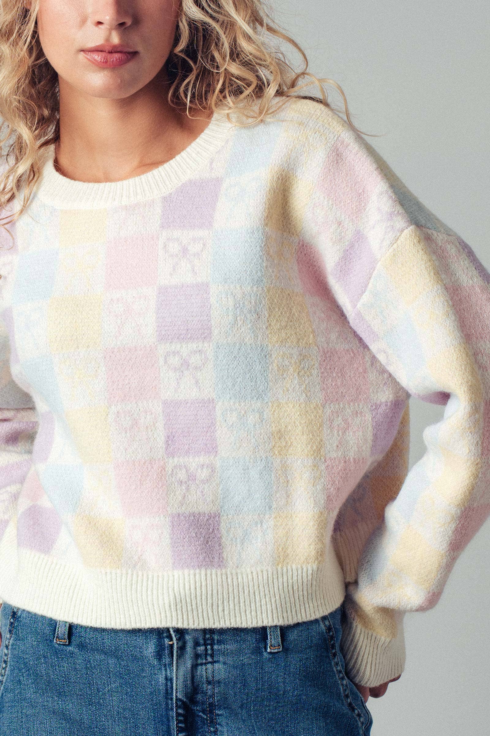 Pastel Checkered Coquette Bow Knit Sweater for wholesale on Faire5