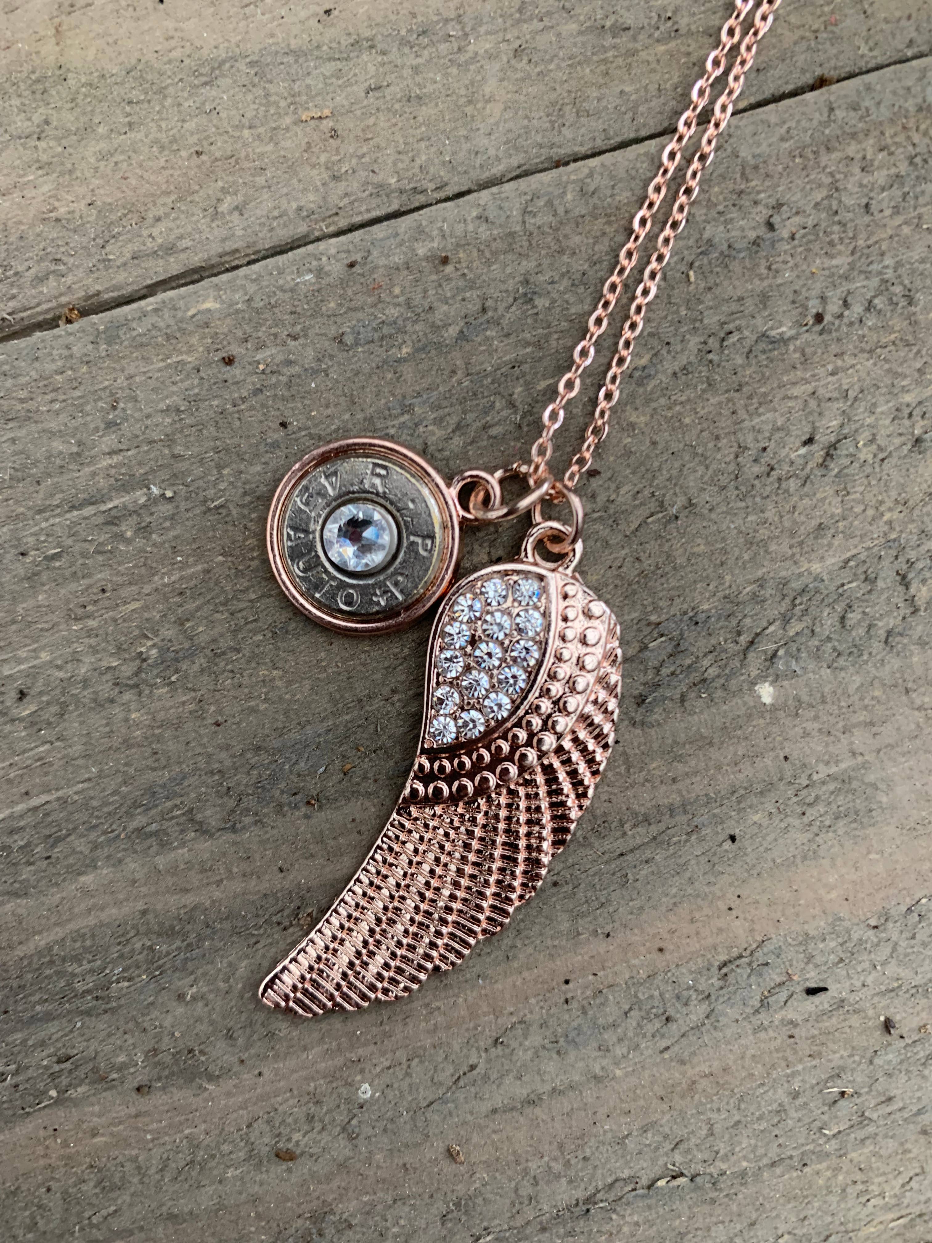 Jill's Jewels - Wholesale Pendant/Charm Necklace - Rose Gold Feather Rhinestone Bullet Necklace