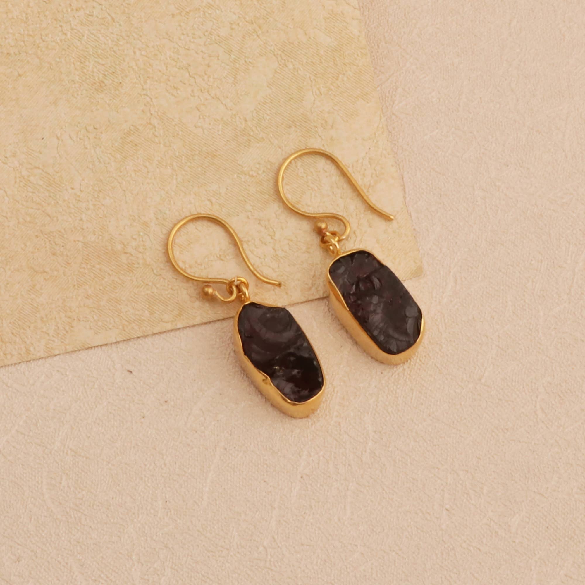 El Joyero - Wholesale Stud/Post Earrings - Raw Garnet Slice Dangle Earring in Gold Plated Brass Jewelry3