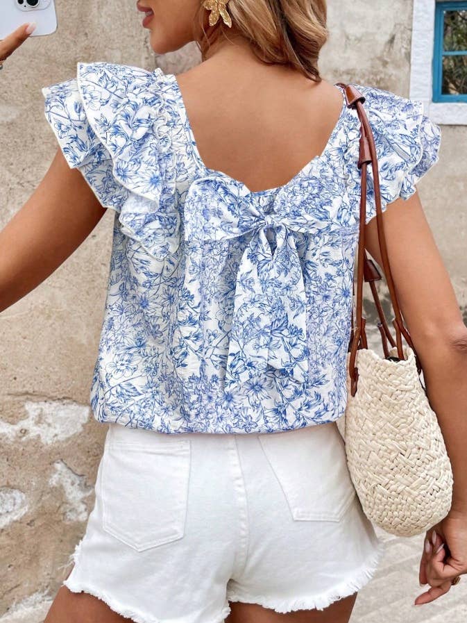 Rosa Clothing - Wholesale Blouse - Women's - Floral Ruffled Sleeve Square Neck Bow Back Top