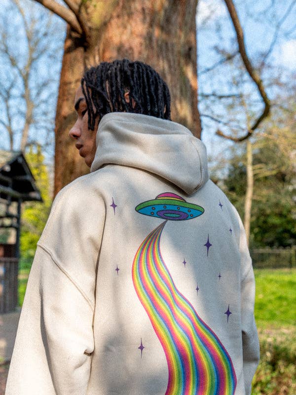 Hoodie In Sand With Trippy Alien Invasion Print for wholesale by Dream But Do Not Sleep