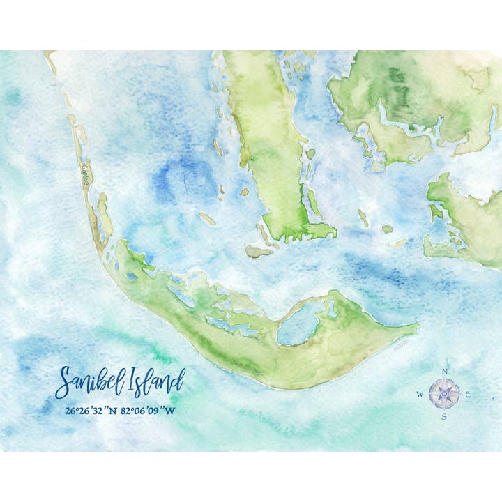 Sanibel Island FL Hand-painted Watercolor Map - Art Print for wholesale by Molly Joseph Fine Art