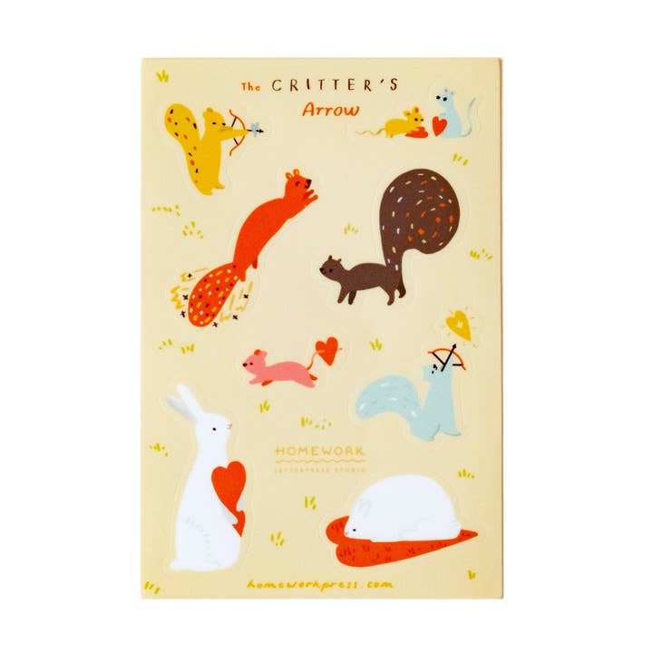 Foglio di adesivi in vinile Critters Love per la vendita all'ingrosso da parte di Homework Letterpress Studio