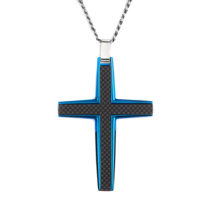 West Coast Jewelry - Wholesale Pendant/Charm Necklace - Men's Large Stainless Steel Carbon Fiber Cross Pendant2
