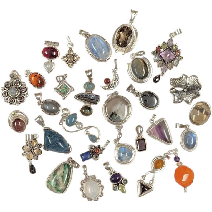 Pendant Grab Bag of Mixed Sterling with Stone 30 Pieces for wholesale by Saraswati Imports