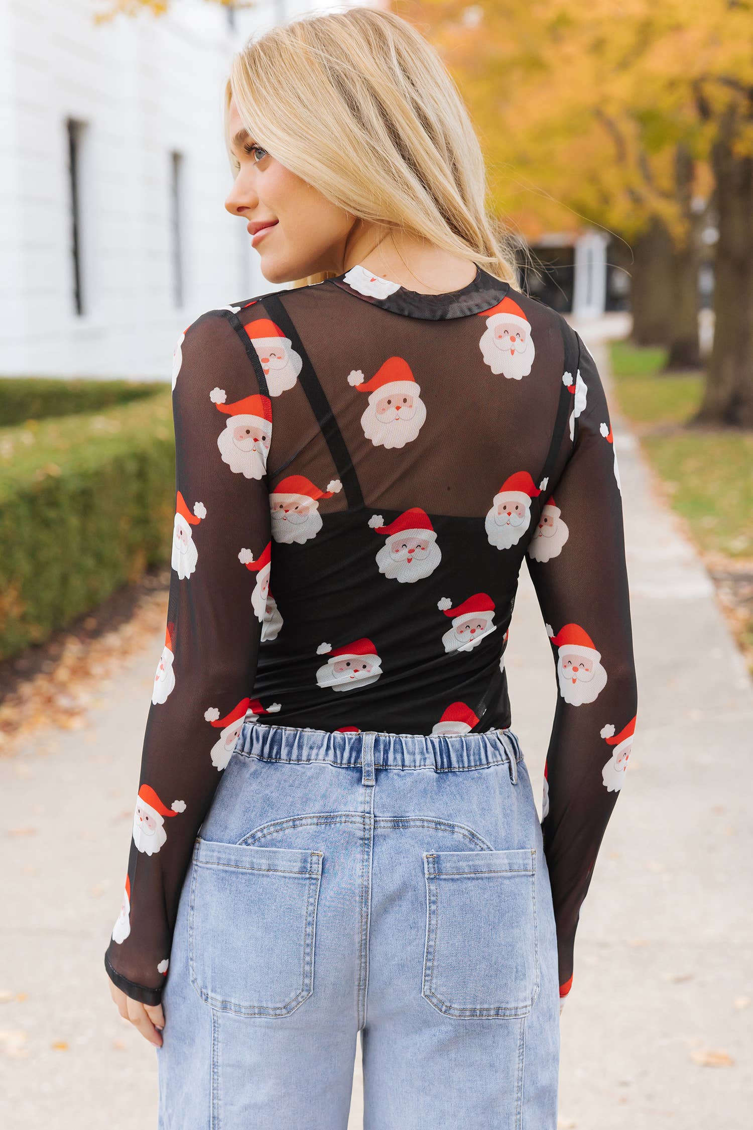 Black Christmas Santa Print Mesh Long Sleeve Top | S-XL  for wholesale on Faire4