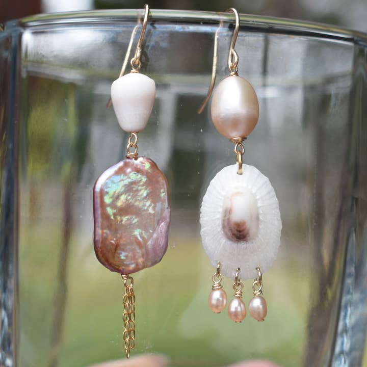 Asymmetrical Pink Pearl + White 'Opihi Earrings for wholesale by Driftwood Dreams Hawai'i