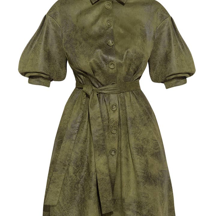 SUEDE-LOOK SHIRT DRESS IN OLIVE GREEN - ESSENTIALS for wholesale by Fashion Roots