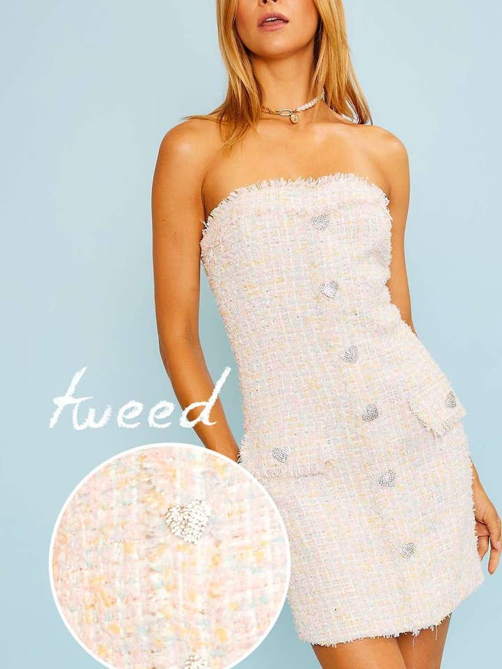 Rhinestone Frayed Tweed Mini Dress for wholesale by Main Strip