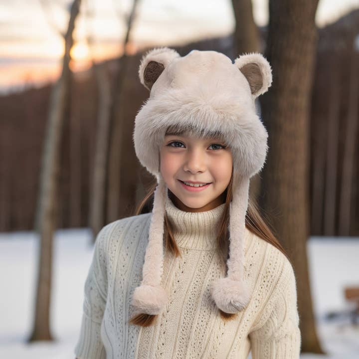 Black Ginger - Wholesale Beanie - Kids - Faux Fur Bear Hat with Pom Pom Ties