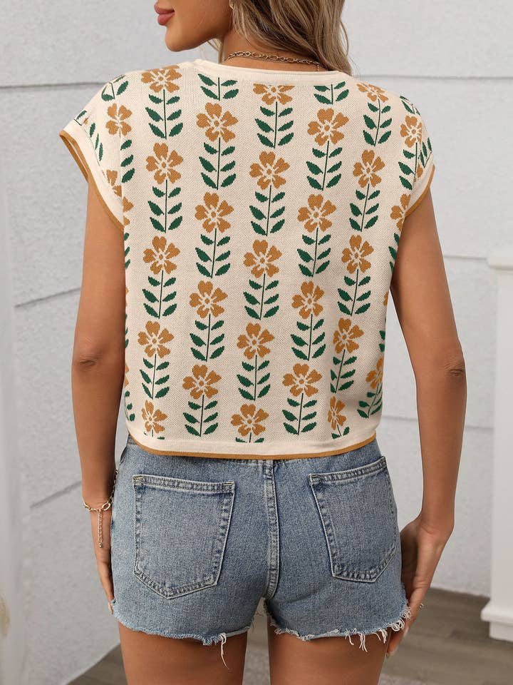 FULL TIME PURCHASE - Wholesale Knit Sweater - Women's - Floral Knit Short Sleeve Crew Neck Pullover Short Sweater