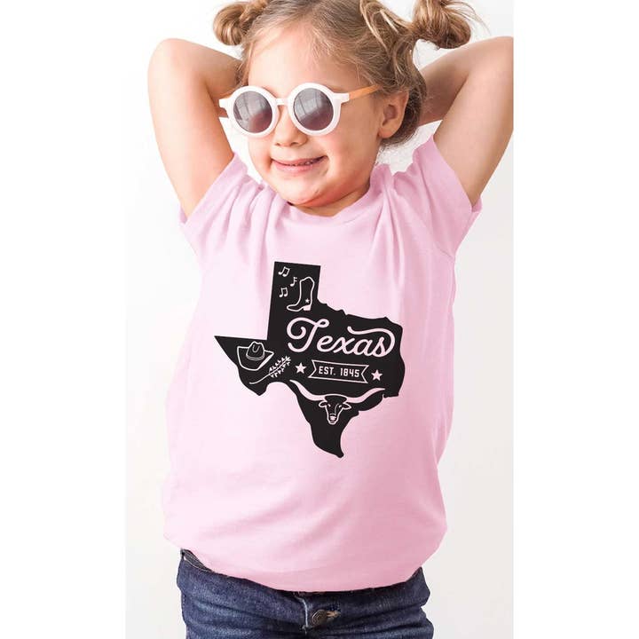 Maglietta grafica per bambini Texas State Outline per la vendita all'ingrosso da parte di Kids By Kissed Apparel