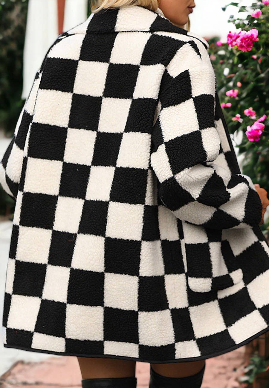 Black Fuzzy Plaid Pattern Button Down Coat for wholesale on Faire3