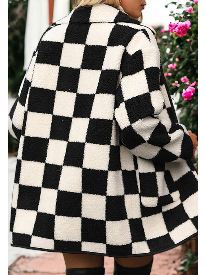 Black Fuzzy Plaid Pattern Button Down Coat for wholesale on Faire3