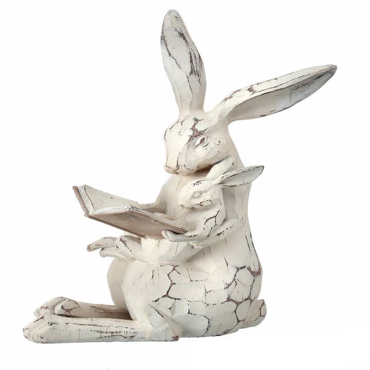 11" Handcrafted Bunny Reading Figurine – Distressed White Rabbit Statue with Baby Bunny for wholesale by RC Home Decor
