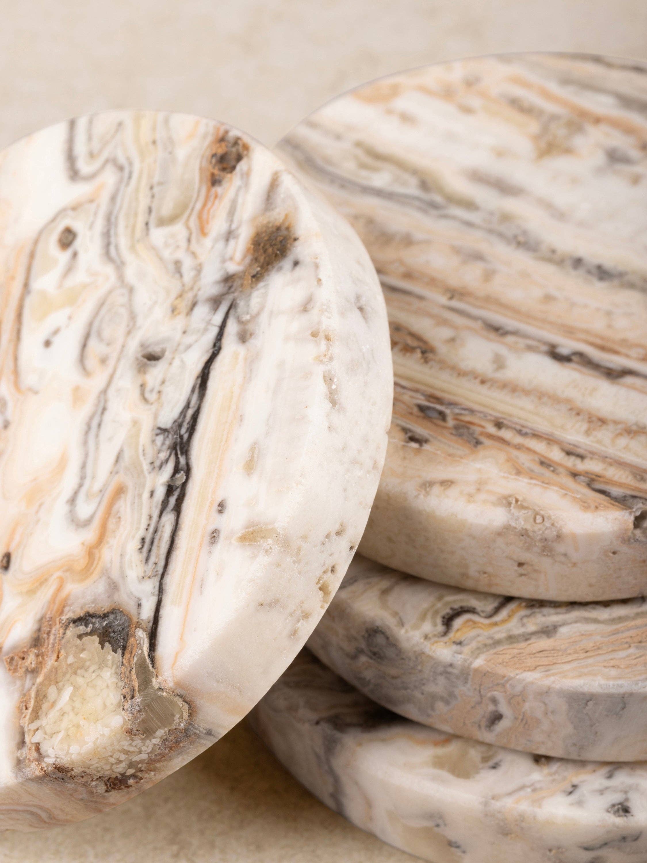 GAURI KOHLI - Wholesale Coasters - Tasmania Semi-Precious Travertine Onyx Coasters · Set of 43