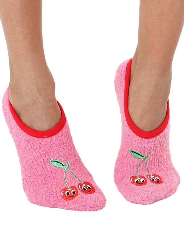 Living Royal - Wholesale Slippers - Women's - Fuzzy Slipper Socks - Funny Face Cherries - Pink