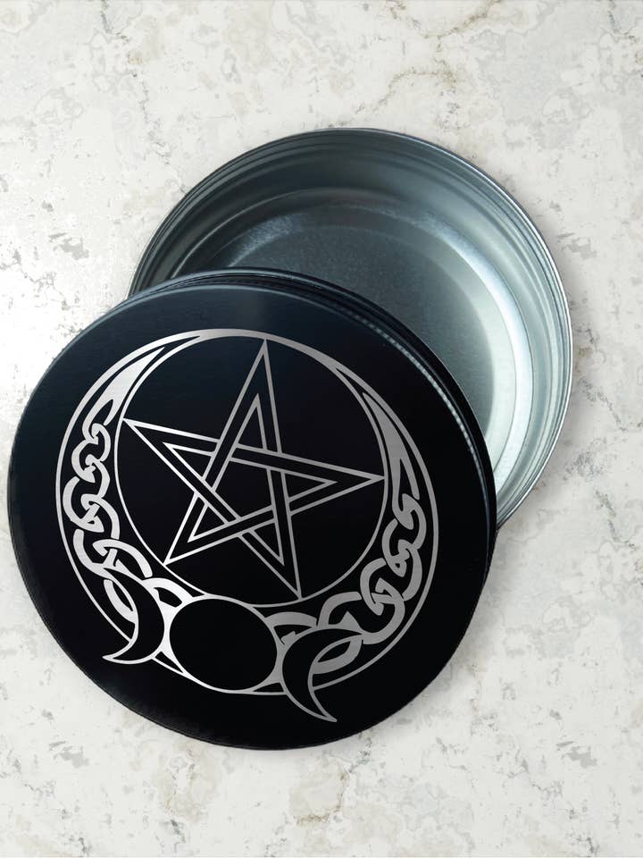 Pentagram + Moon engraved 4oz metal herb storage container for wholesale by Three Witches Tea Shop