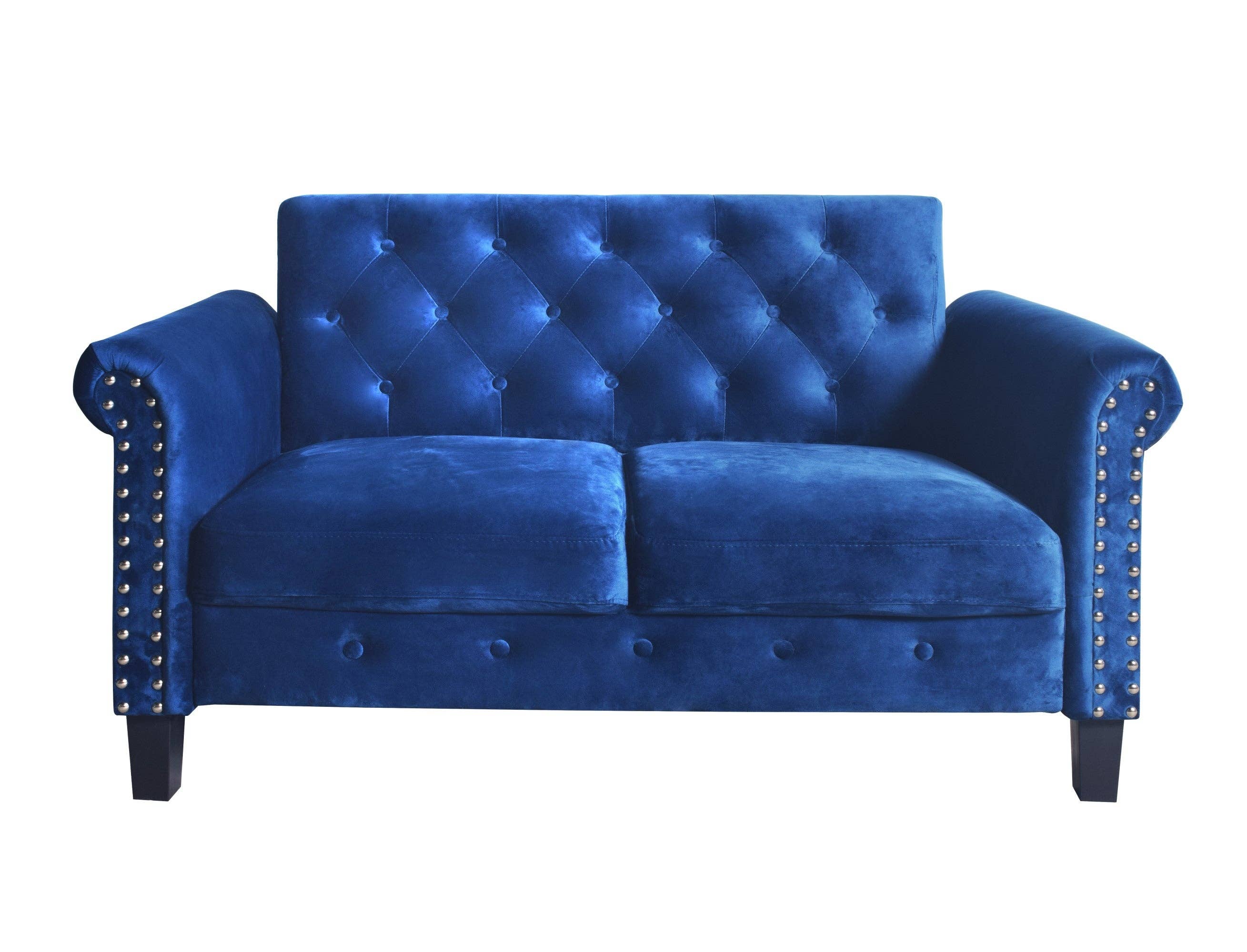 Home Design - Wholesale Sofa - 2-Piece Casper Velvet Rolled Arm Living Room Set with Loveseat and Sofa, Foam-Filled Cushions, Nailhead Trim, Navy Blue3