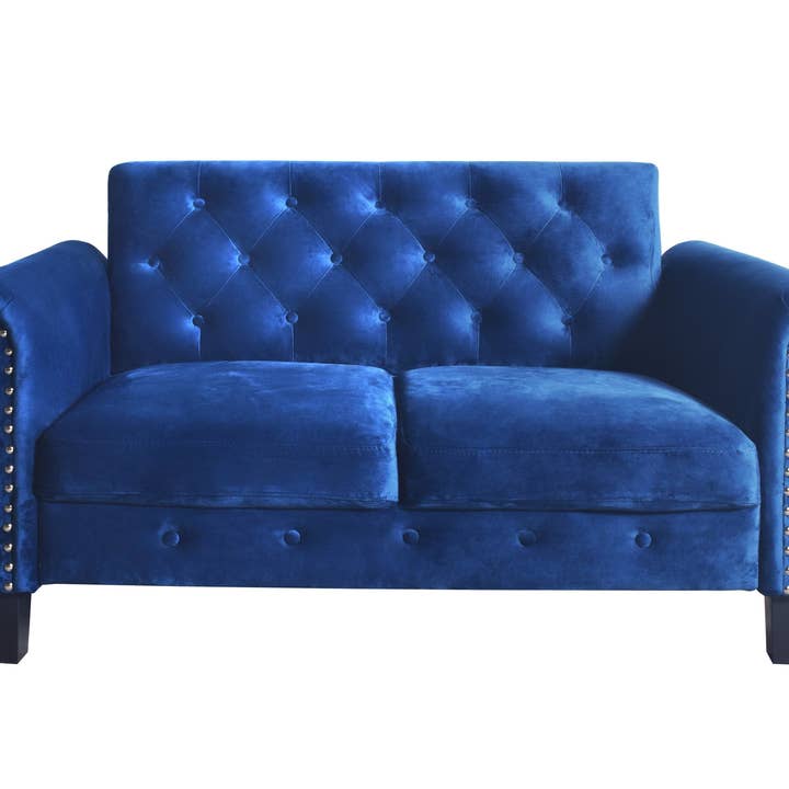 Home Design - Wholesale Sofa - 2-Piece Casper Velvet Rolled Arm Living Room Set with Loveseat and Sofa, Foam-Filled Cushions, Nailhead Trim, Navy Blue3