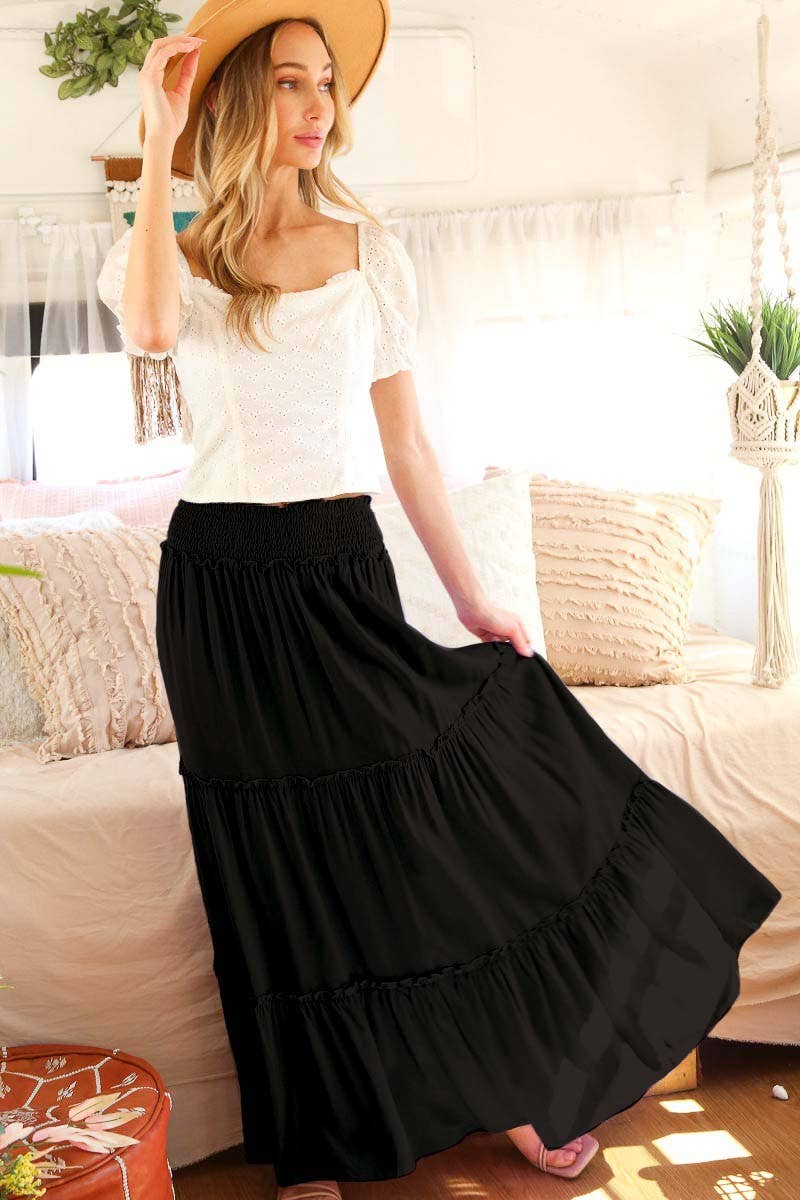 Vine & Love - Wholesale Skirt - Women's - Smocked Waisted Flowy Tiered Boho Maxi Skirts VS730530