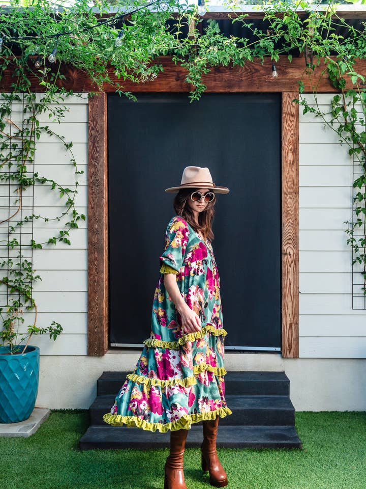 Fuchsia Fae Velvet Ruffle Maxi Dress for wholesale by Jennafer Grace