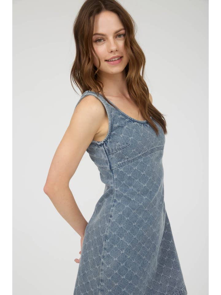 BOW PATTERN SLEEVELESS DENIM MINI DRESS for wholesale on Faire6