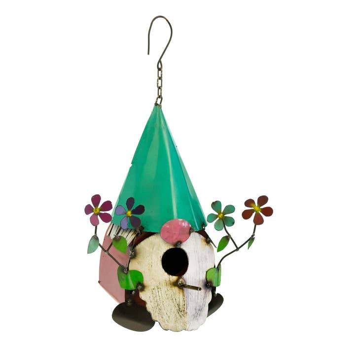 Hanging Gnome Birdhouse with Flowers for wholesale by Rustic Arrow