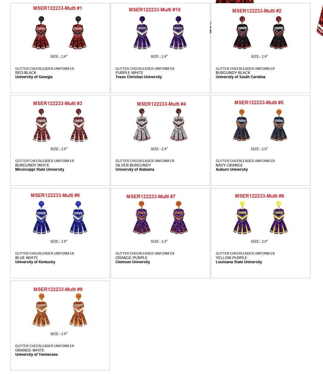 JHP Collection - Wholesale Dangle Earrings - GLITTER CHEERLEADER UNIFORM DROP POST EARRING13