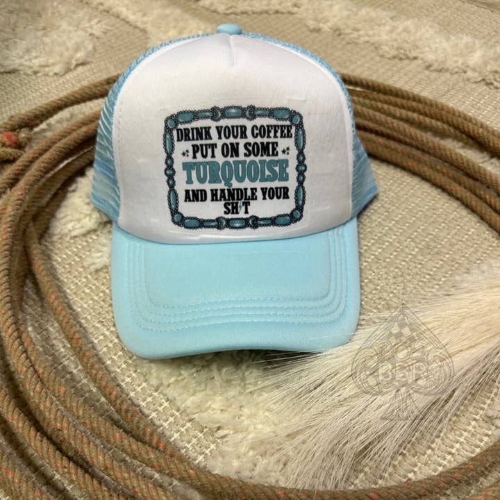 Coffee & Turquoise Trucker Hat for wholesale by The Branded Blue Roan