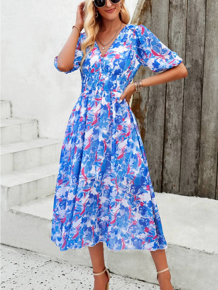 Wholesalesir - Wholesale Dress - Women's - Elegant printed waist V-neck long Dress