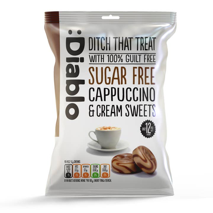 Diablo Sugar Free – Engroshandel Bolcher – Diablo sukkerfri cappuccino- og flødeslik, 75 g0