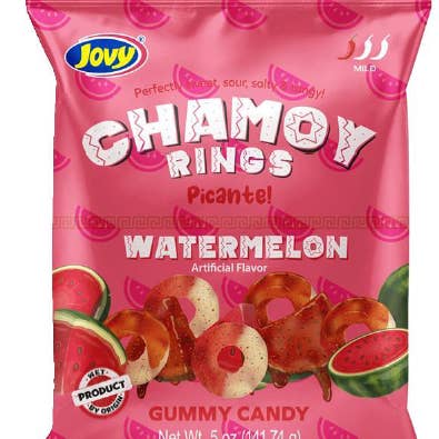 Jovy Chamoy Picante Spicy Gummy Watermelon Rings Peg Bags 5 oz 8ct for wholesale by Shop The King