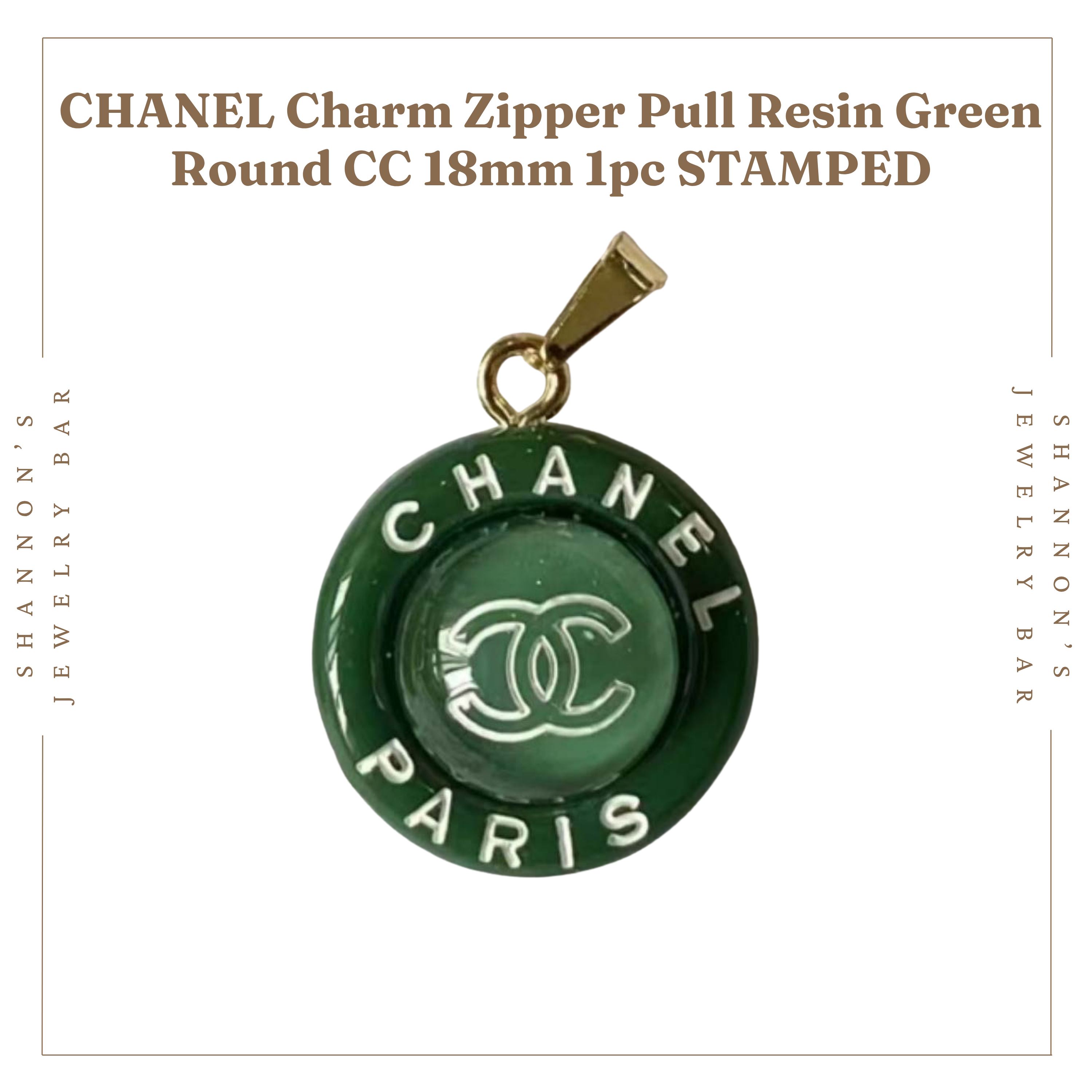 Shannon's Jewelry Bar – Engroshandel Vedhæng/charm – CHANEL Charm Lynlås Træk Harpiks Grøn Rund CC 18mm1