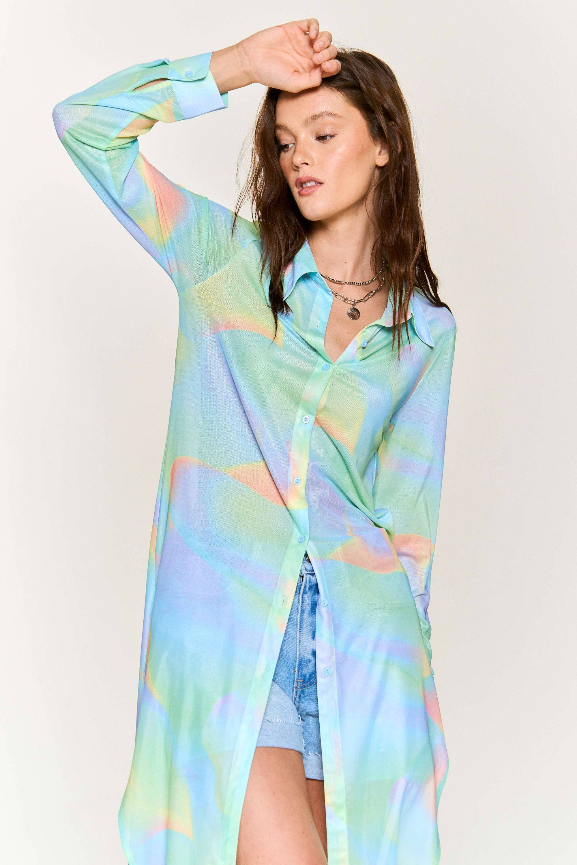 Hers & Mine - Wholesale Button Down Shirt - Women's - MESH TIE DYE BUTTON DOWN TUNIC SHIRT3