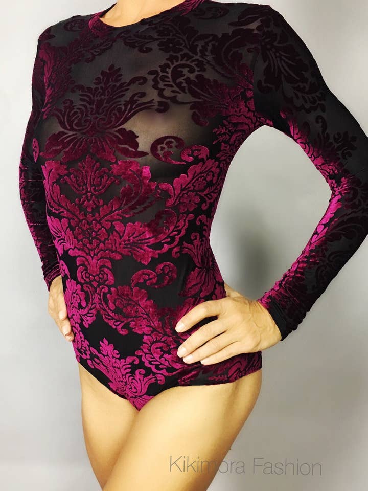 Collant de veludo, Lindo fato de ginástica, Roupa de dança exótica, Em alta agora, Body transparente por atacado de Kikimora Fashion