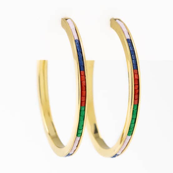 Lulu Hoop Earrings Brass With Chanel Of Seed Beads Lilac, Lapis, Red, + Green Wholesale for wholesale by INK + ALLOY
