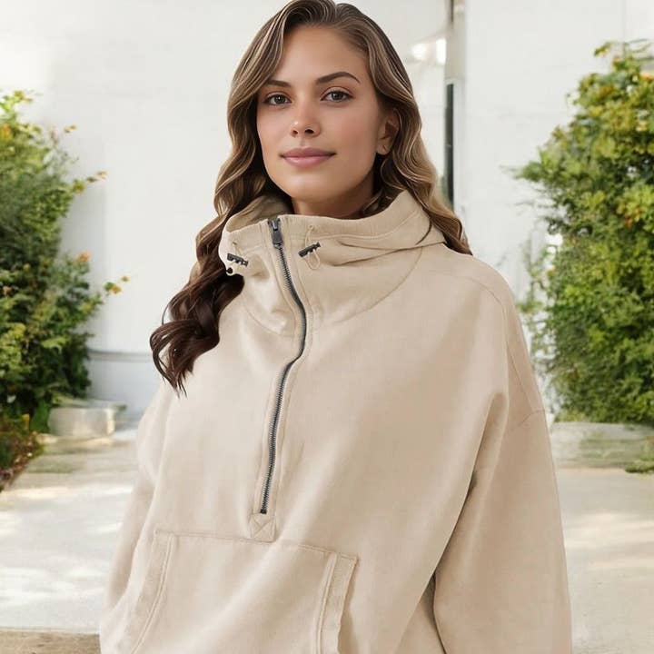 Half-Zip Pullover Hoodie with Funnel Neck & Kangaroo Pocket and other Purchase Wholesale half zip hoodie. Free Returns & Net 60 Terms on Faire trending on Faire.