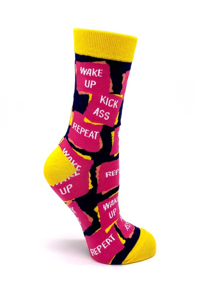 Fabdaz - Wholesale Socks - Women's - Wake Up Kick Ass Repeat Women's Crew Socks