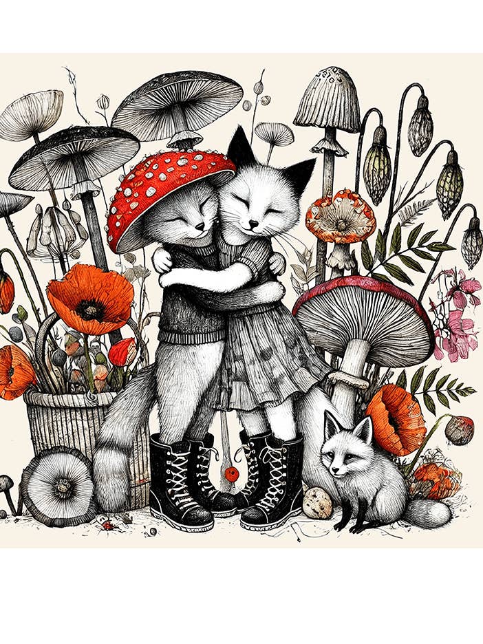 Whimsical Animal Art Print, Hugging foxes, 12x13 for wholesale by Thistle and Tale Press