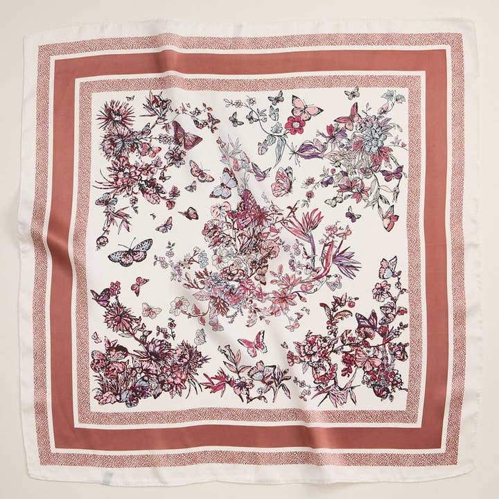 Sensibling Corp. - Wholesale Scarf - Women's - Butterfly Flower Garden Printed Square Silky Satin Scarf